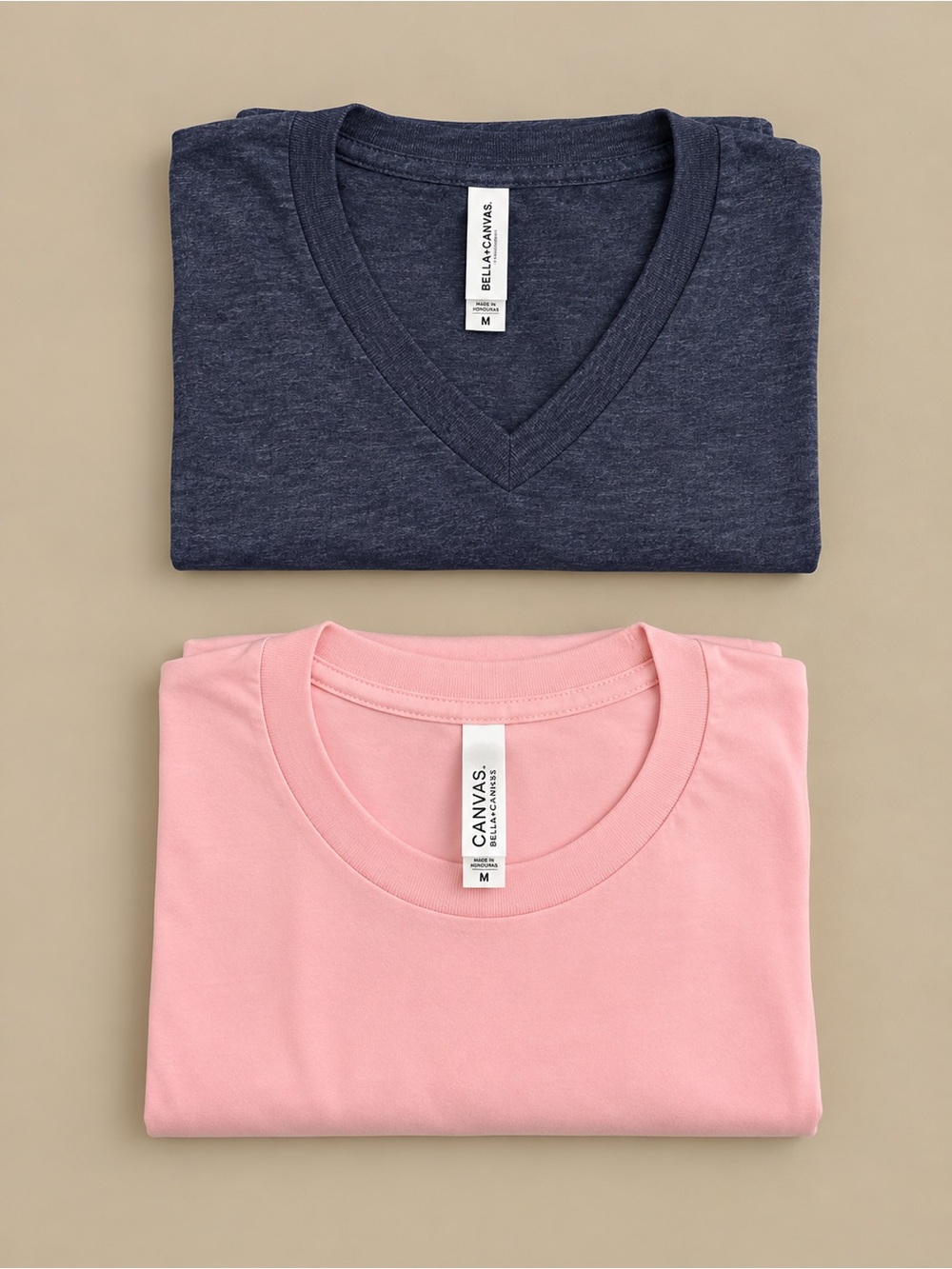 Bella+Canvas Women’s Medium T-Shirt Bundle Heather Navy V-Neck & Pink Crewneck